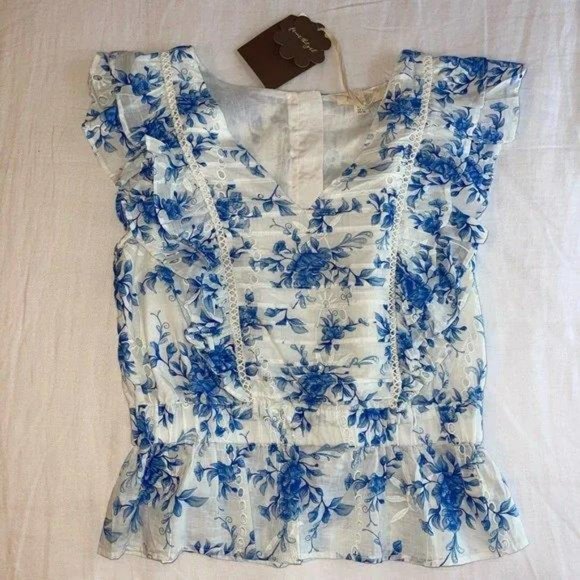 Anthropologie Tops - FOREVER THAT GIRL Floral Ruffled Blouse In Blue with tags